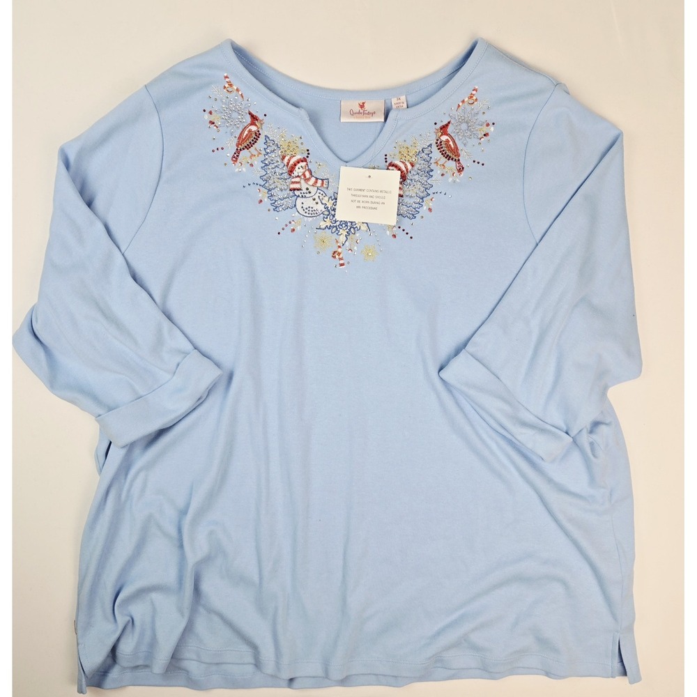 NWT Womens Quacker Factory shirt sz 3X blue rhinestone winter Christmas snowmen